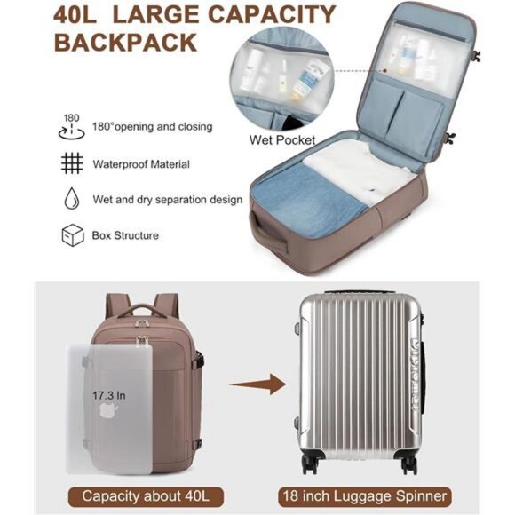 RDTGO Travel Backpack For Women, 40L Carry-On Backpack, Airline Approved main image 2
